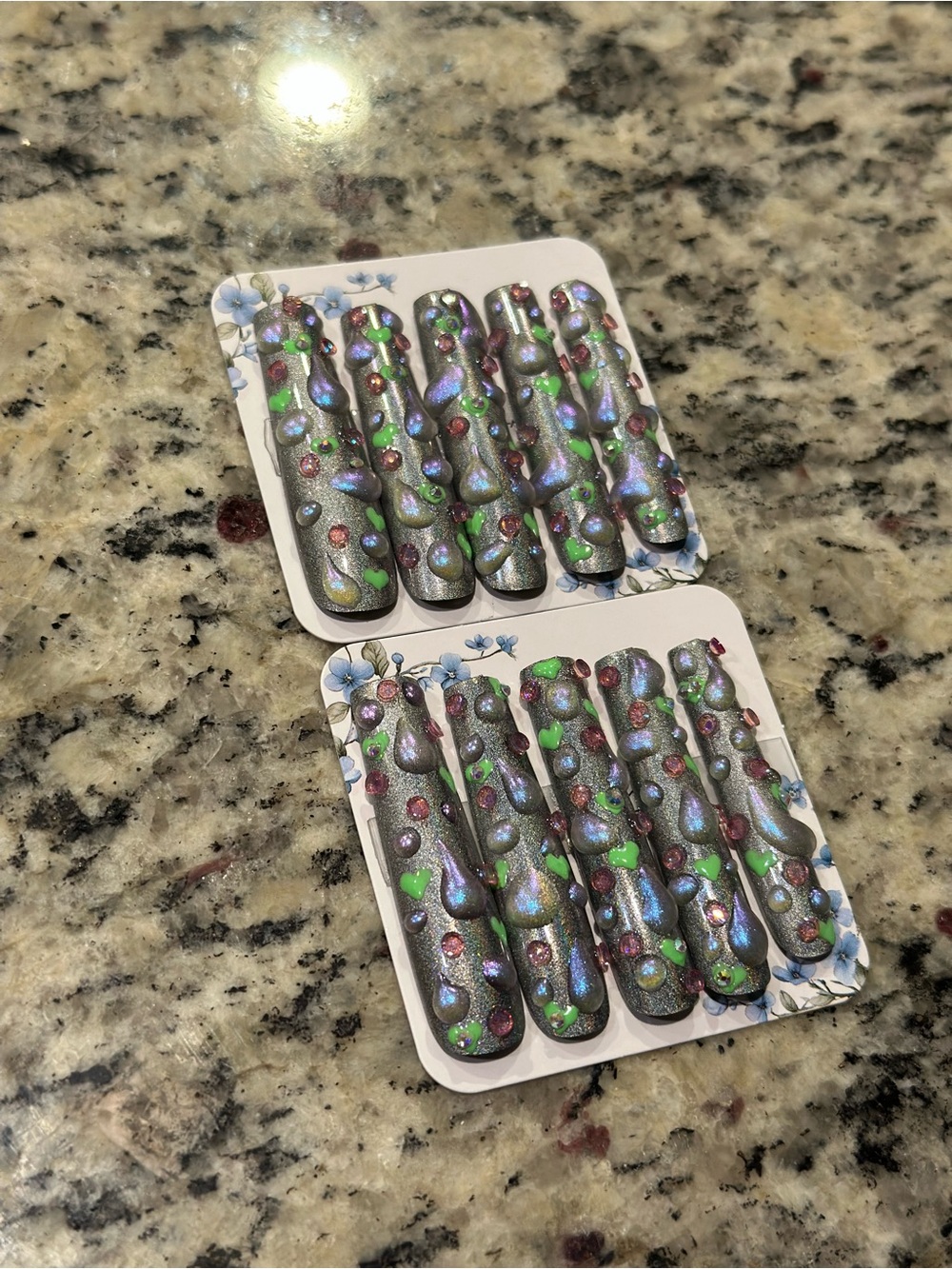 10 (SMALL) XLONG holographic Coffin press-on nails green hearts and pink stones